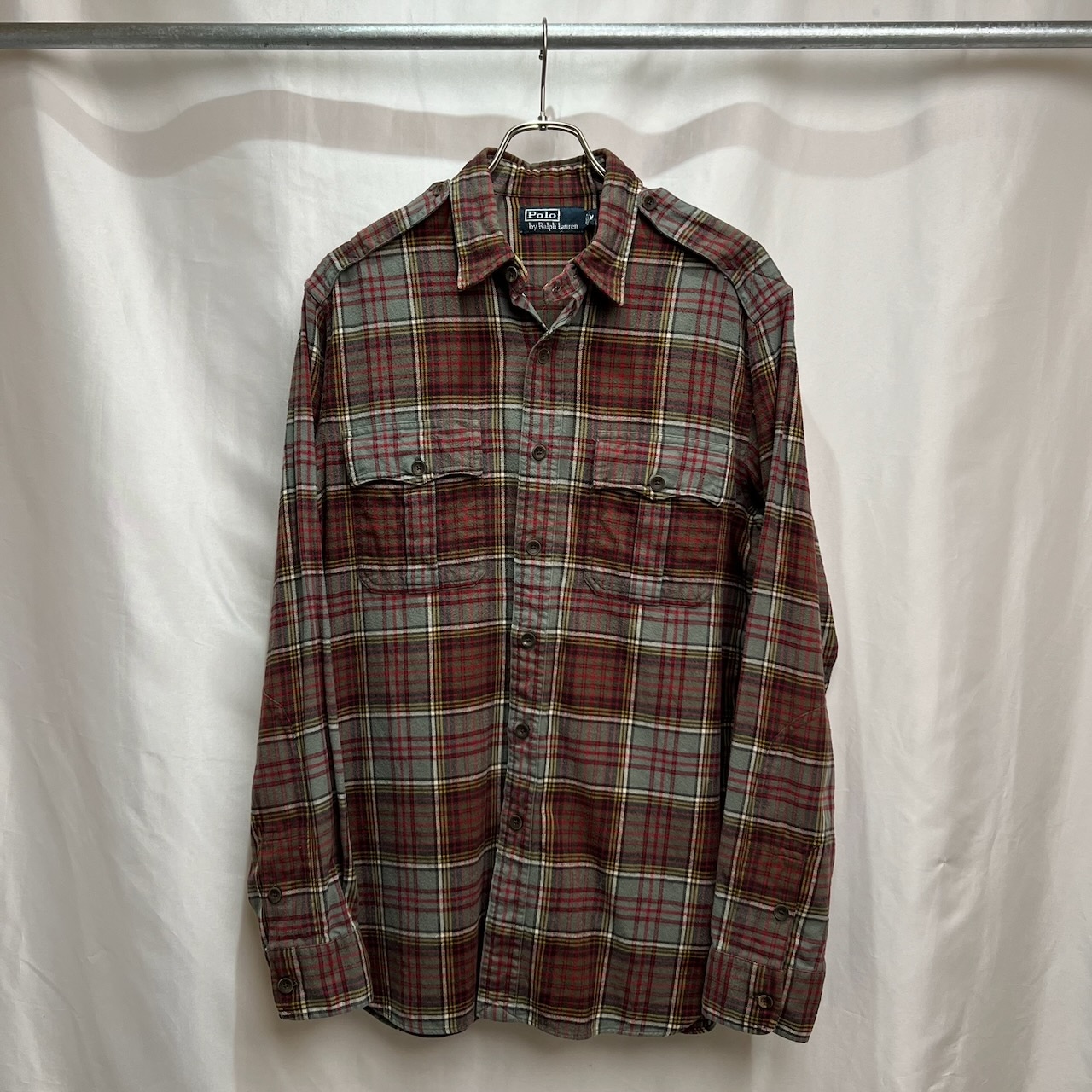 90s Ralph Lauren チェック エポレット チンスト ウッドボタン マチ付き エルボーパッチ 長袖シャツ ネルシャツ M