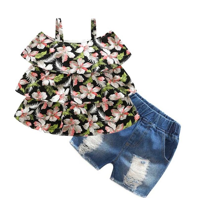 夏の女の子服セット新しいファッション花スリングトップスシャツ+デニムショートパンツ2ピーススーツ子供トラックスーツ服