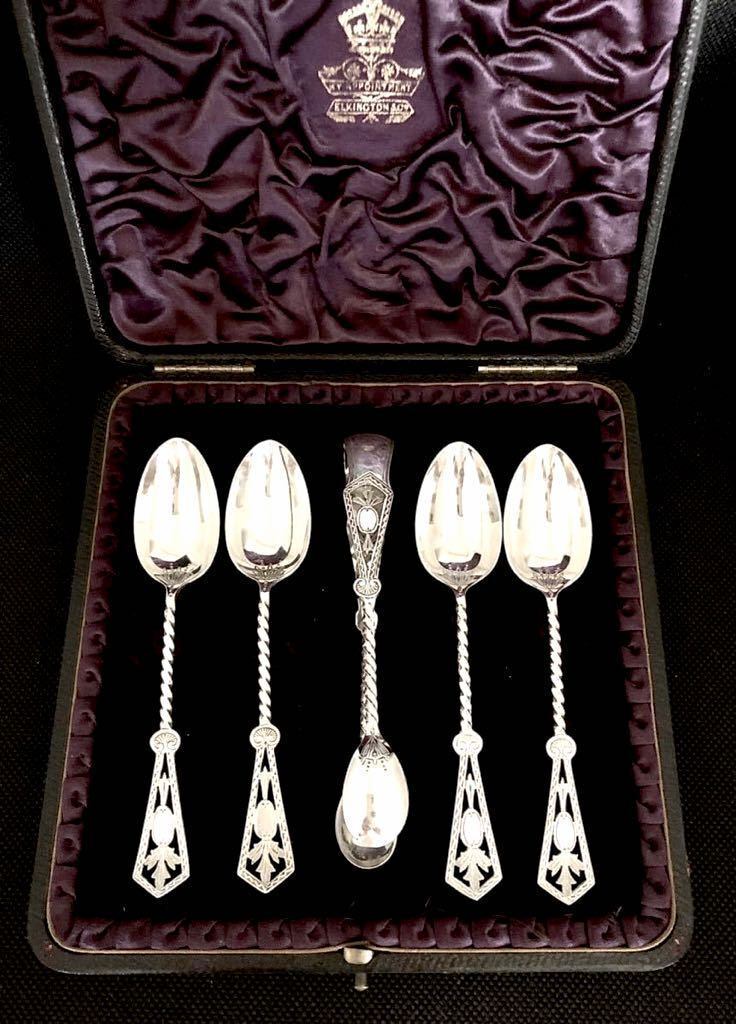 英国アンティーク シルバー ティースプーン&シュガートング 5本箱 純銀