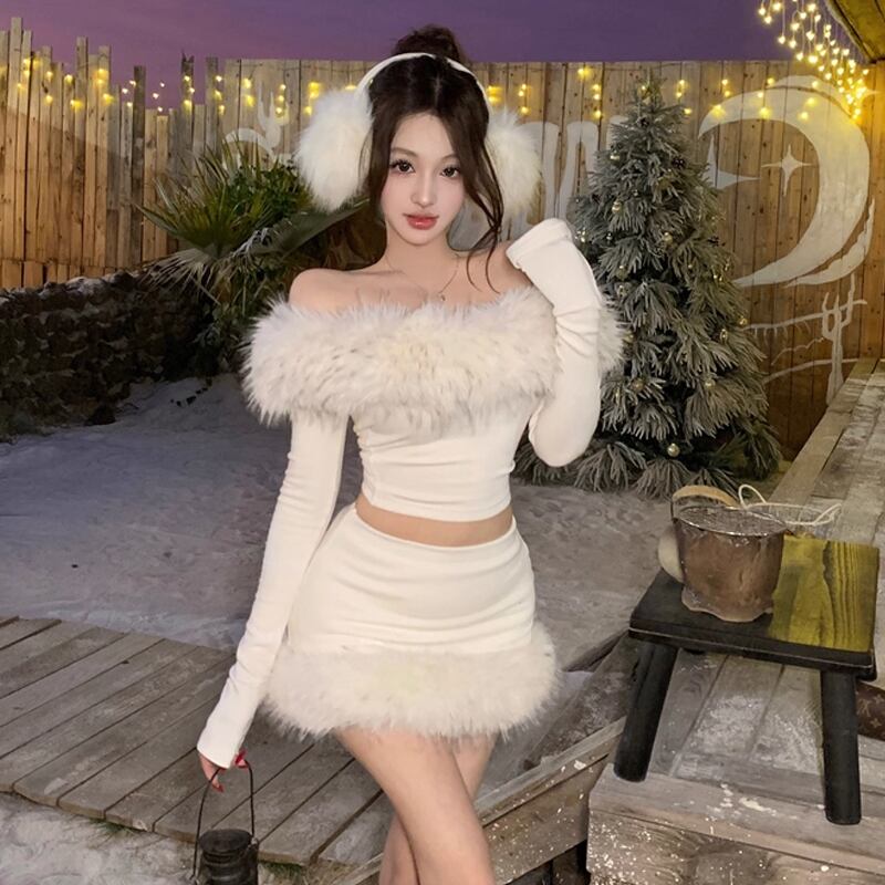【set】ファー付きオフショルダートップス×ミニスカートセット Q7561