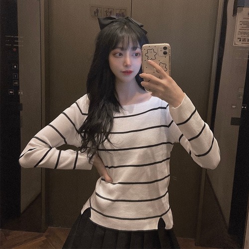 ✞ シャツブラウスストライプスリムニットトップス ロング スクウェア ✞ゴスロリ SM ミリ 甘ロリ クラロリ 和ロリ エレガント 黒ロリ 姫ロリ 華ロリ BB-BB84582585432