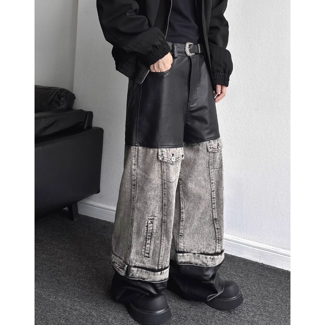 fake leather & denim wide leg pants mr0684