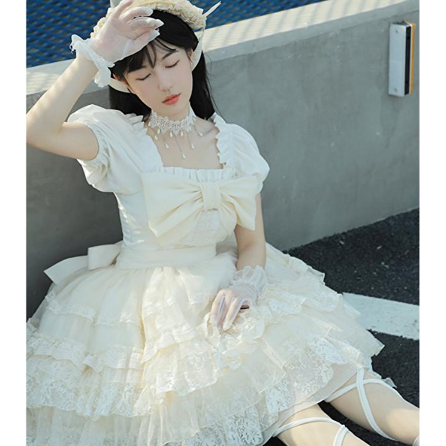 レトロ ホワイトロリータ サマーワンピース ドレス 大きめ リボン