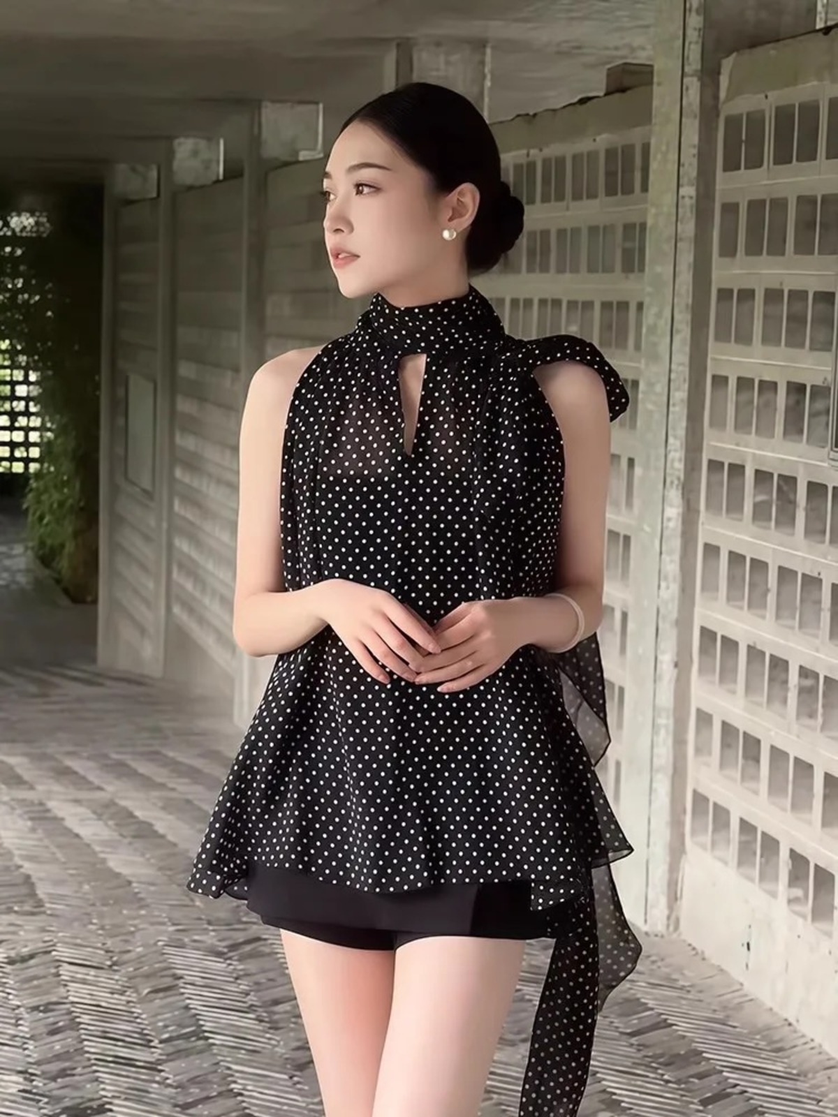 ドット シフォン ビッグリボン ノースリーブトップス | Faboutique