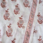 ブロックプリント生地【50cm単位】インド綿 片耳ボーダー付き ストライプ花柄 白×くすみブルーグレー×茶色 #17930-GY3