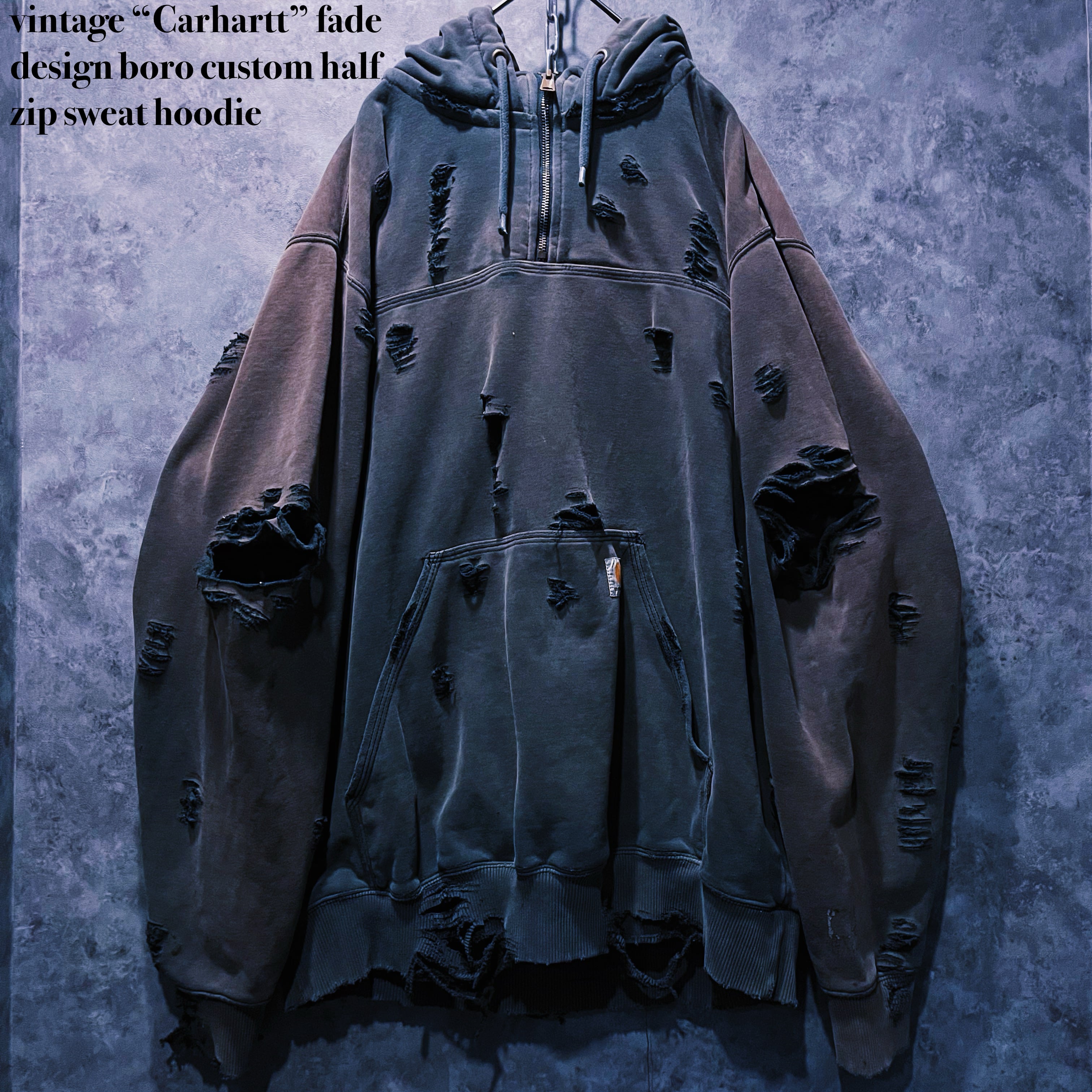 【doppio】vintage “Carhartt” fade design boro custom half zip sweat hoodie