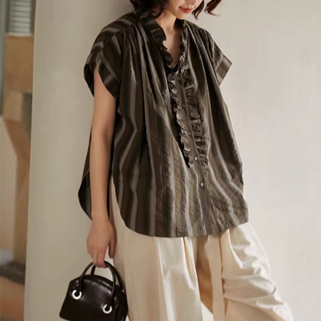 【フリル半袖ストライプ柄シャツブラウス 】P00297