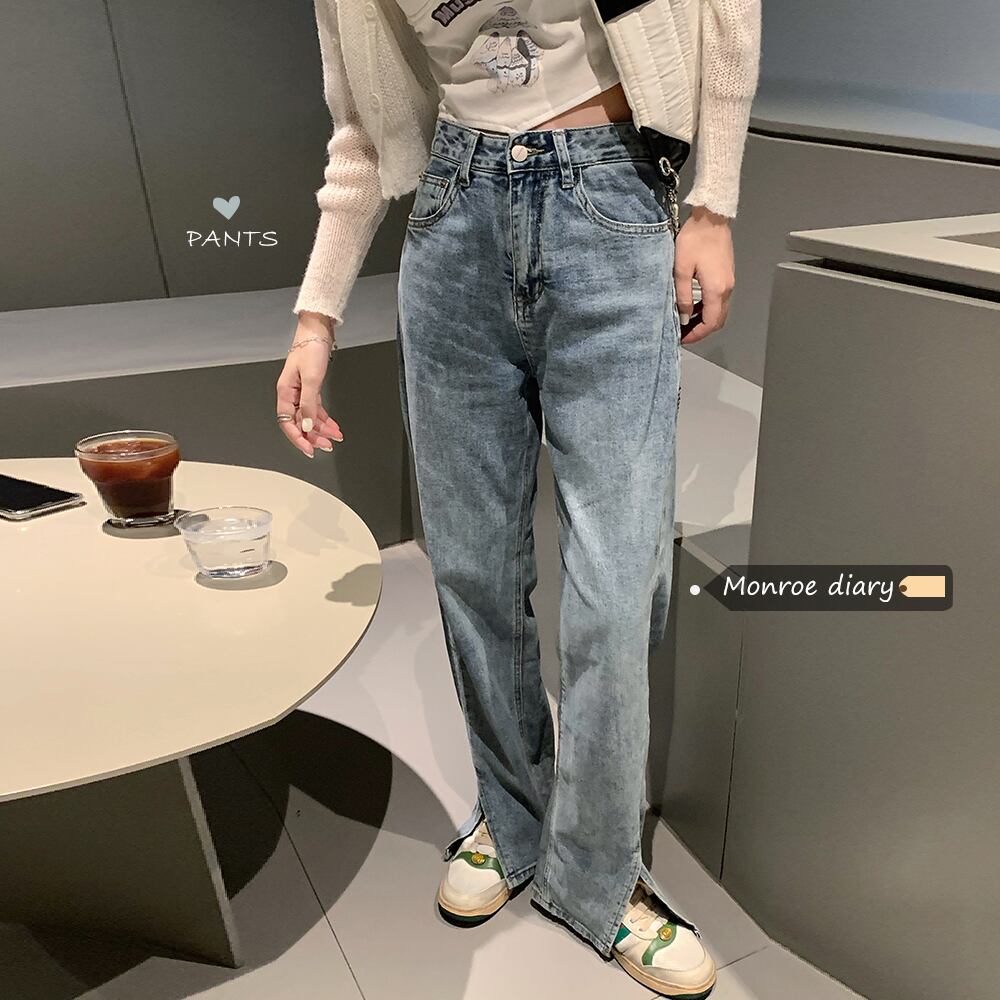 スタンダードハイウェストウェストワイドレッグパンツ スプリングオータム薄手ルーズ レトロ 春物 秋物 ワイドパンツ モンロー48452381421