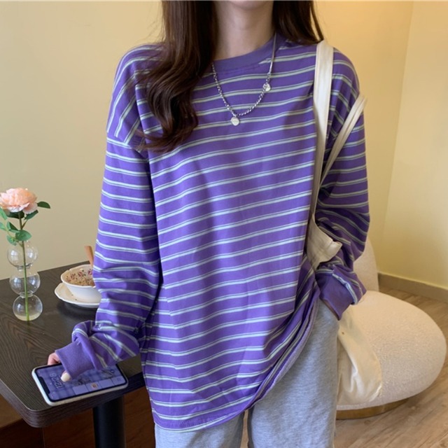 オータム薄手カジュアルストライプセーター レディースルーズラウンドネックTシャツ トップス ロング 秋物 Oネック ハンチェンe42896666230