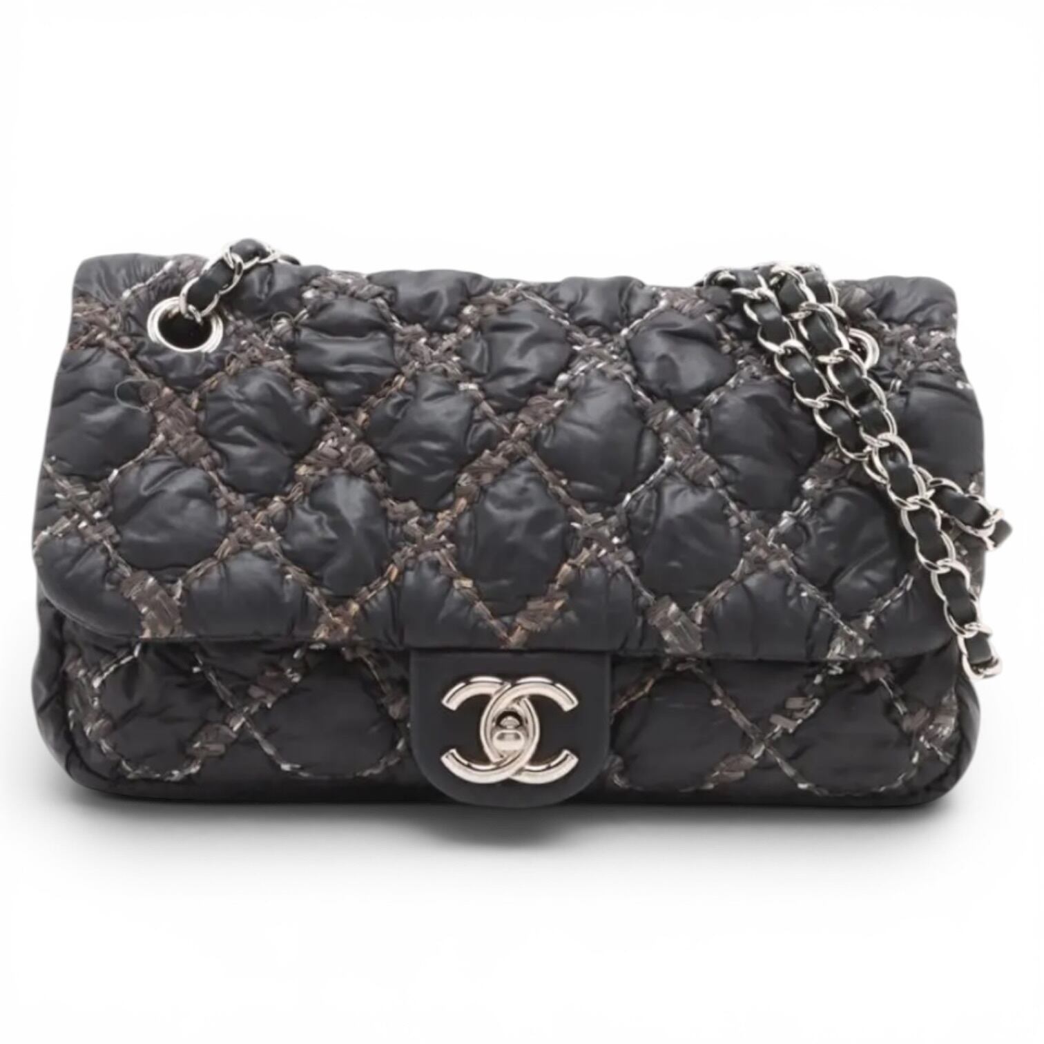 Rare◇CHANEL Matelasse Nylon Gray Single Flap Silver Hardware Double Chain Bag 853
