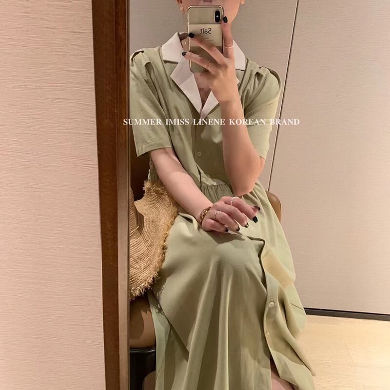 カラードレス サマースタイルプリーツハイウェスト薄手Aラインロングスカート 夏物 ビッグFスモールZ韓国7111559383