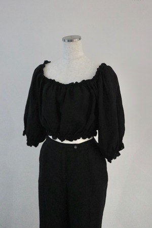 Euro linen puff-sleeve crop blouse