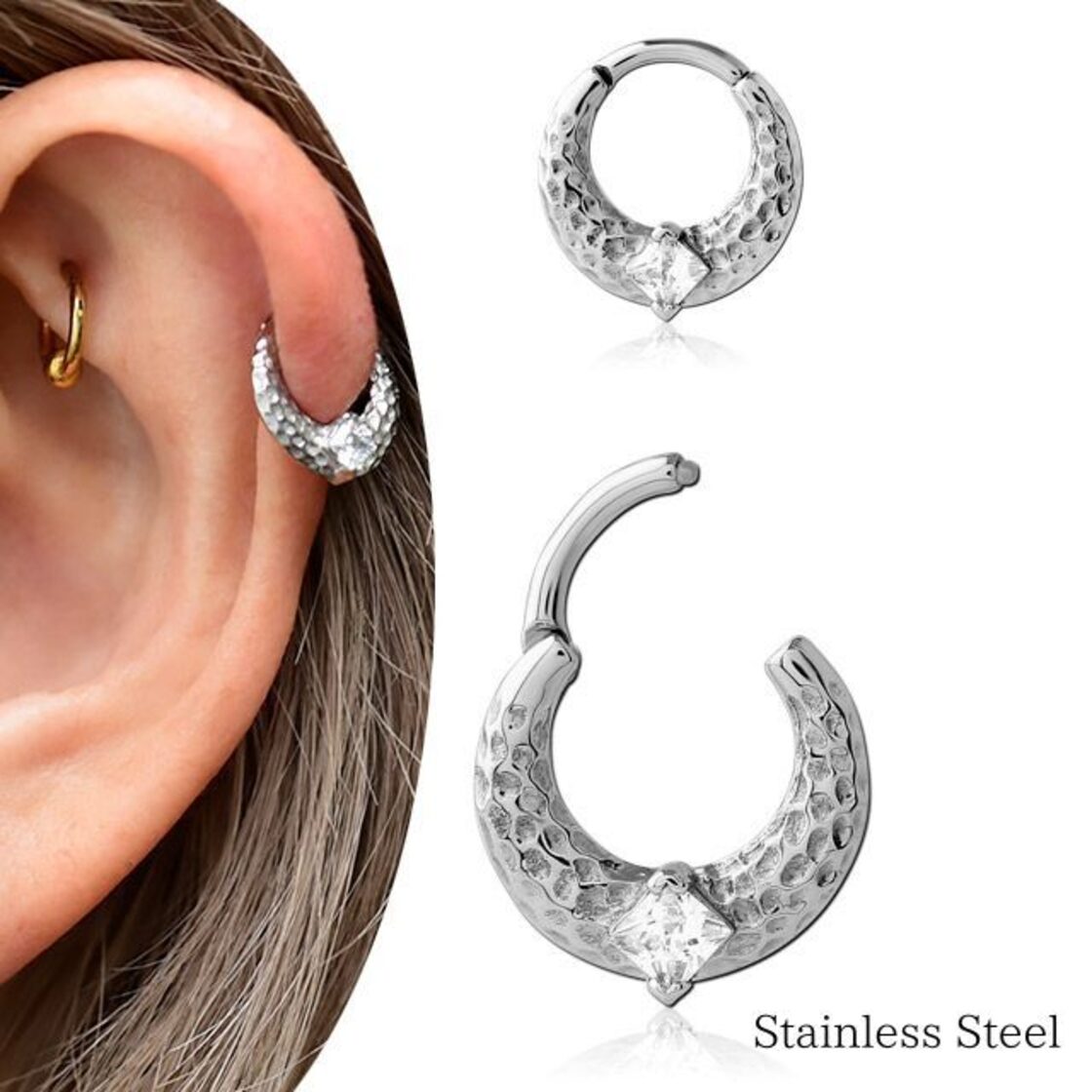 ワンタッチピアス 16g 槌目 ジルコニアピアス ステンレスピアス つけっ 