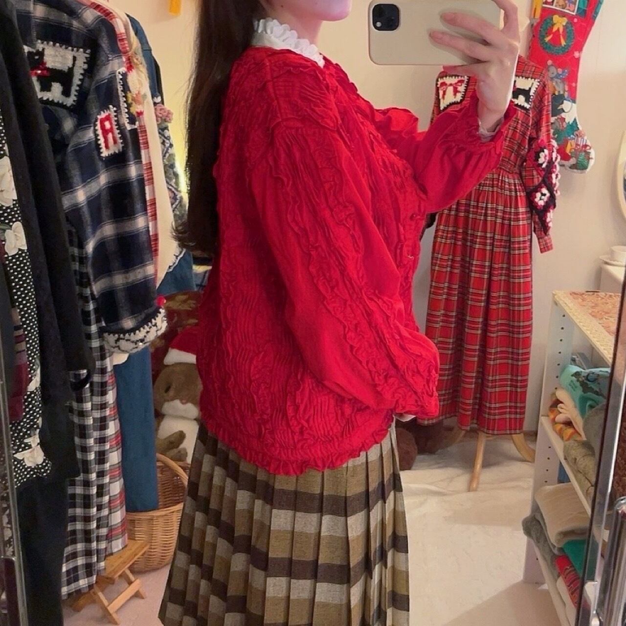 red frill pintuck cotton blouse