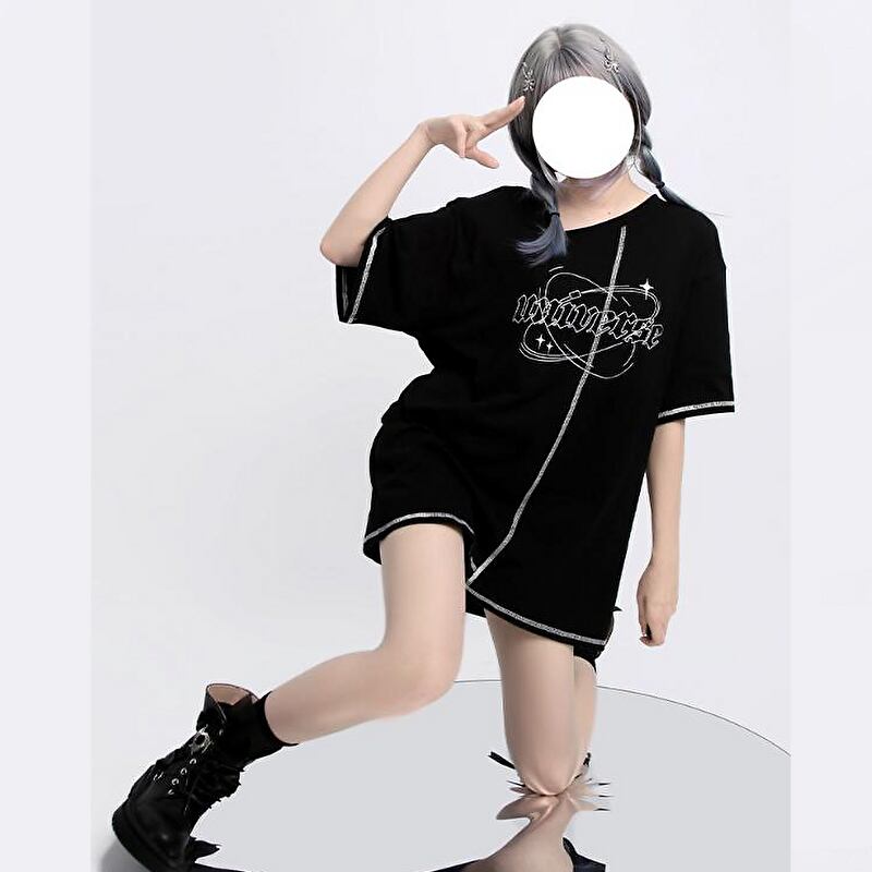 With U 甘ロリ Catwish 半袖 ｔシャツ 異形ネック 英字ロゴ 刺繍 Sweet Cool かわいい Jk ストリート系 原宿系 ゴスロリ服 病み服 ゴスロリファッション With U