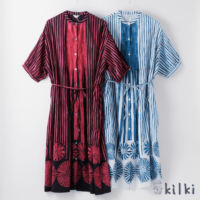 KILKI キルキー ワンピース レディース 春 夏 半袖 ロング ドロップフラワー テキスタイル 花柄 ストライプ シャツワンピース イラスト 綿100 コットン100% ゆったり かわいい カジュアル おしゃれ 6S-D31 Kl052