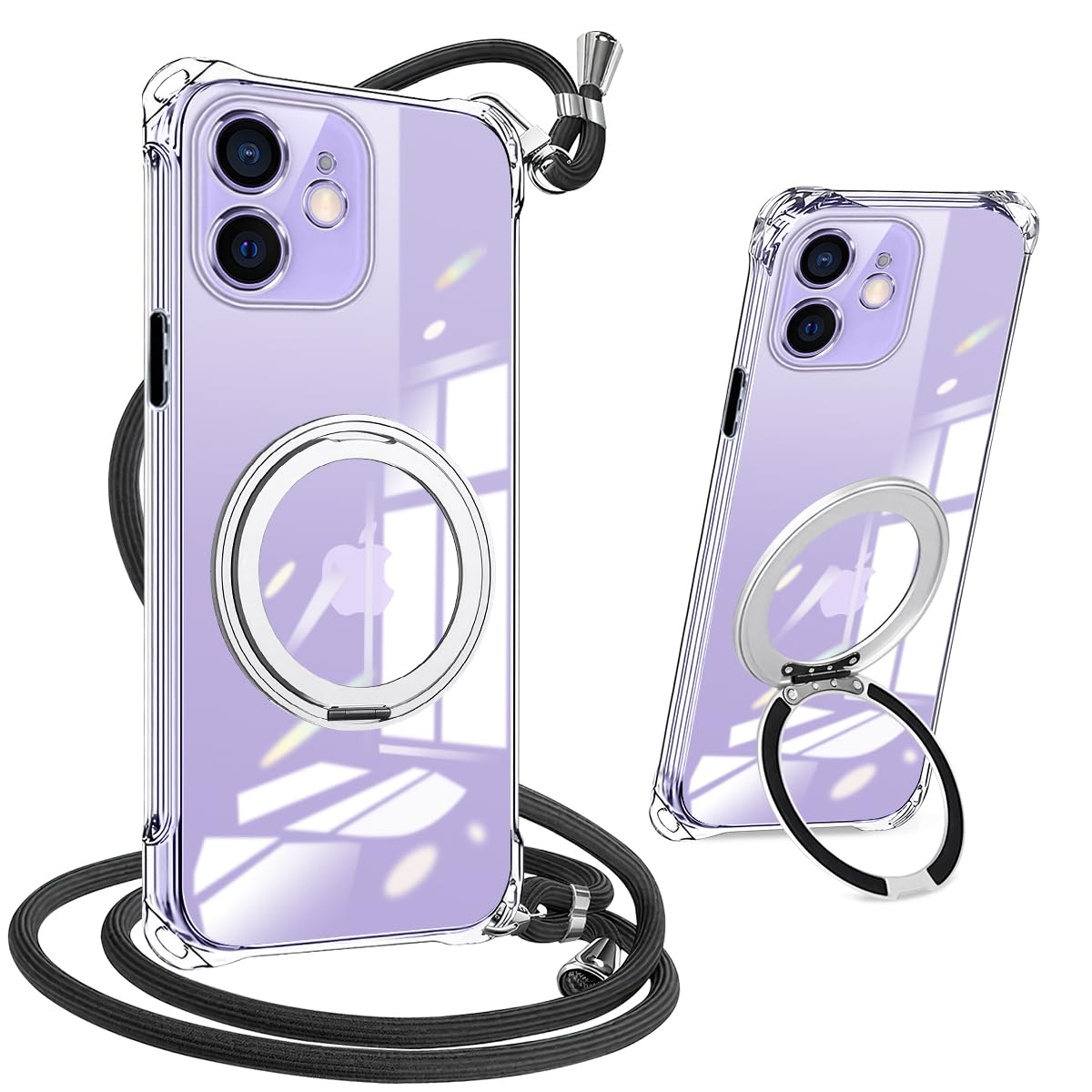 nahailun ケース iPhone 12 用の 軽量 いphone12 ケース クリア リング付き アイフォン12 カバー ショルダー付き 耐衝撃ソフト TPU カバー ベーシック 肩掛け 斜めがけ 付き 縦/横 調節可能なショルダー トーラスホルダ スタンド機能 120°反転 360°回転 全面保護 薄型 黄変しにくい しょうげきていこう 携帯ケース (透明)