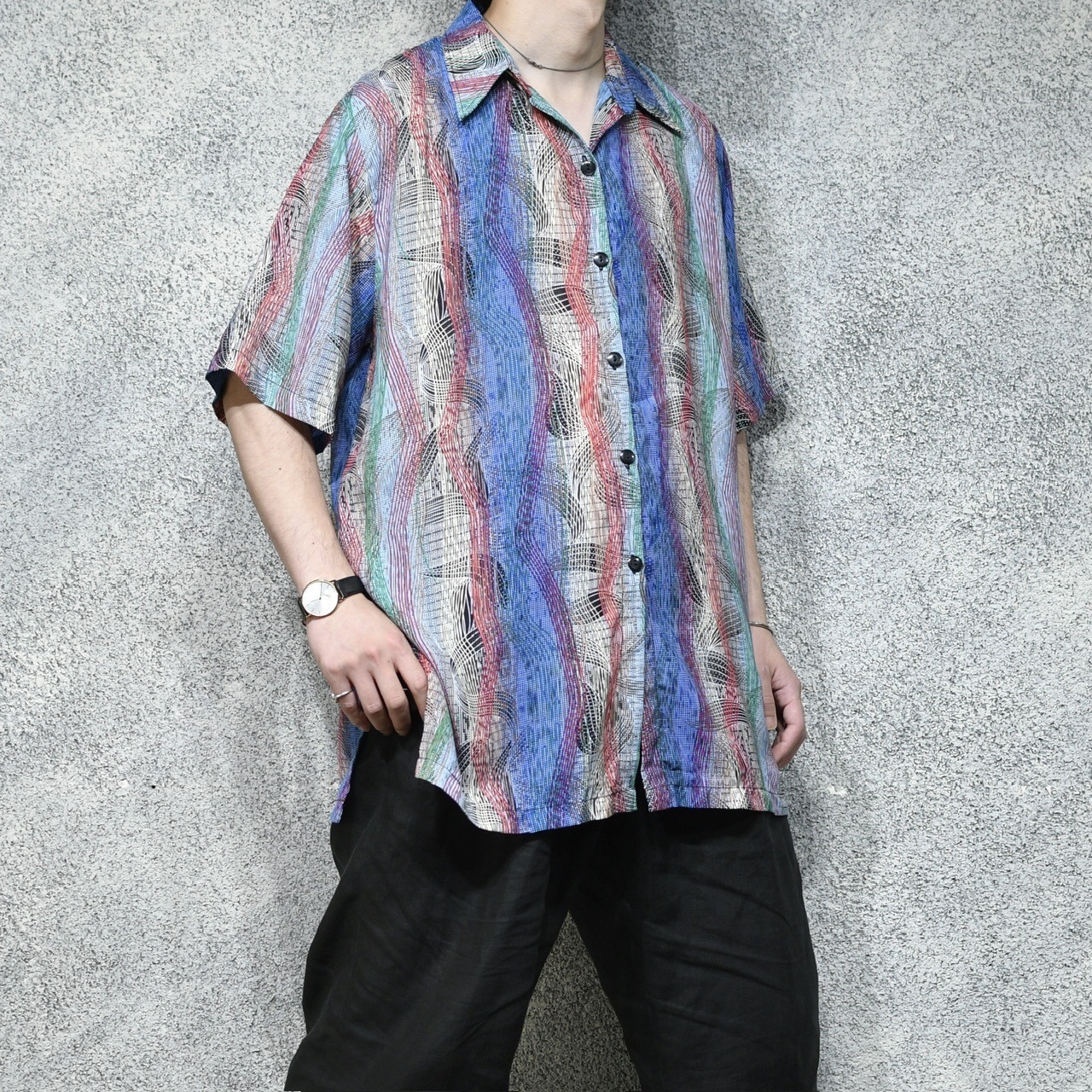 wave multi stripe open collar shirt