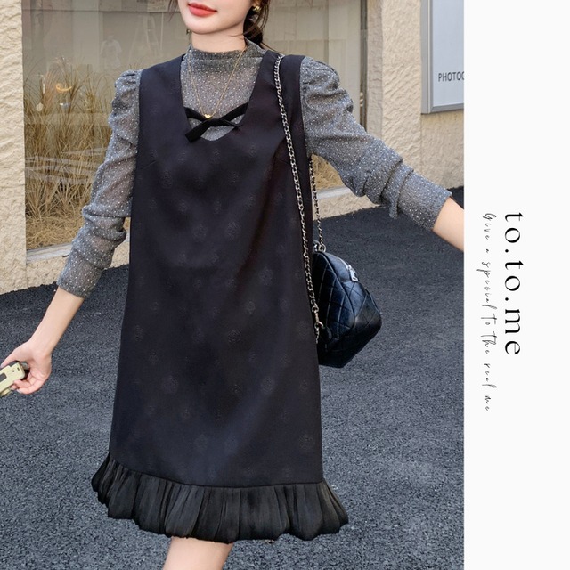 Frill ribbon jumper skirt and dot inner【2set】00095