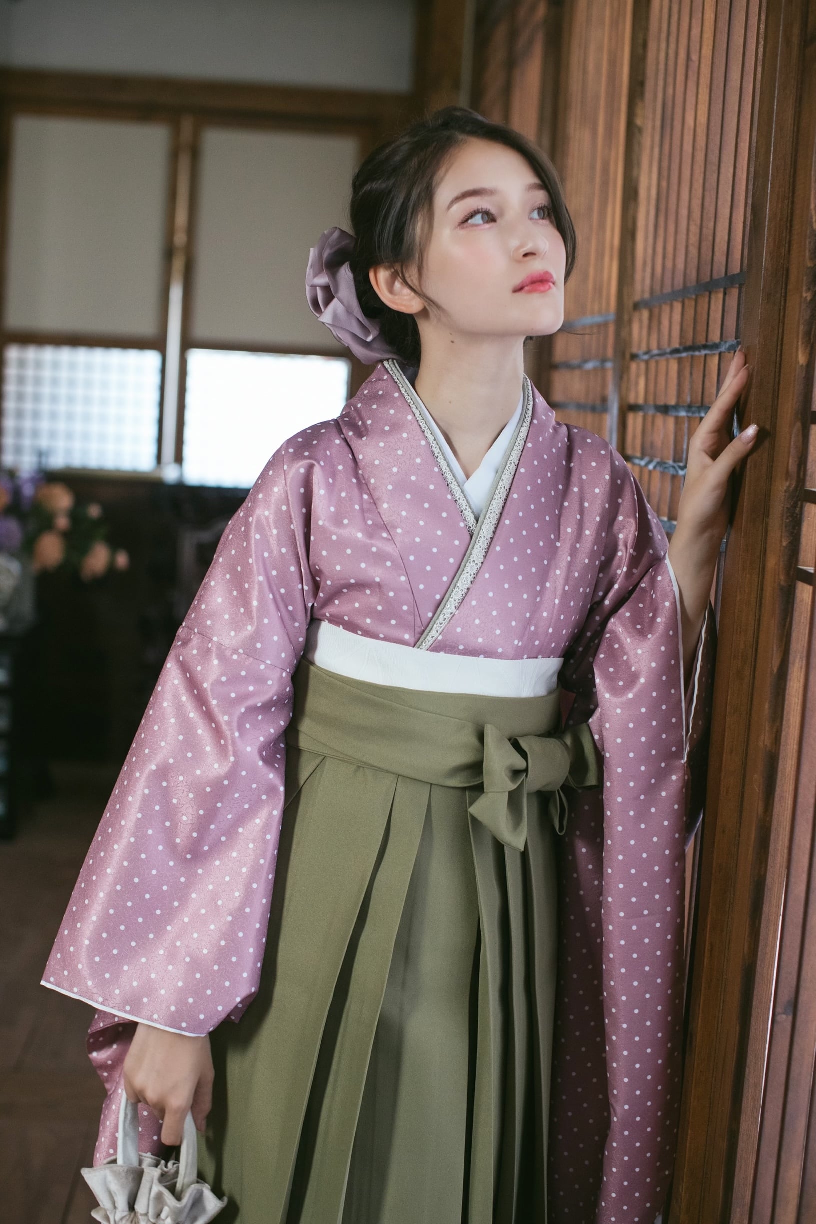 Kimono Sienne 卒業式袴3点セット ドット柄 水玉 ピンク系 袴 二 Kimono Sienne 卒業式袴3点セット ドット柄 水玉 ピンク系 袴 二