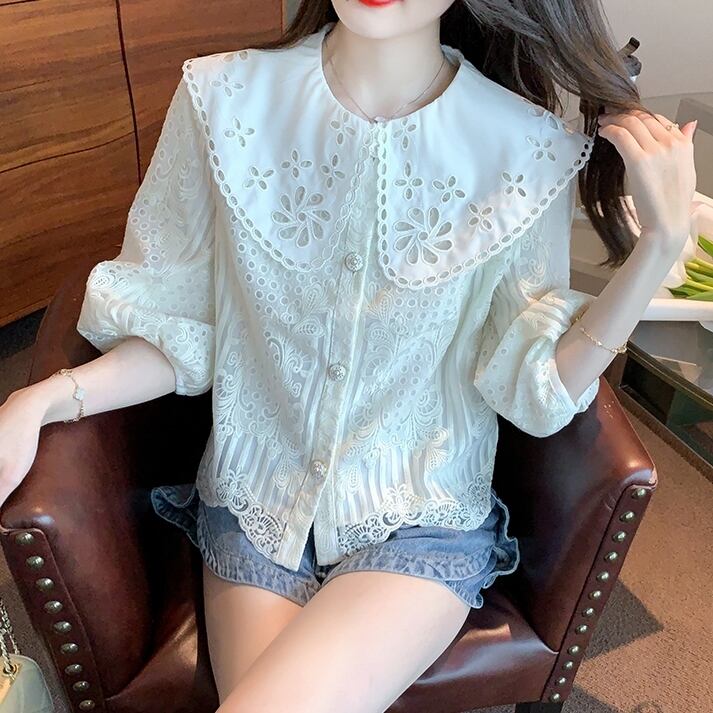 トップス レディース シャツ ブラウス S M L XL 2XL 襟付き 五分袖 ドールカラー ラージカラー パンチングレース ペプラム スカラップ ドールカラー レース 甘め かわいい 大人可愛い きれいめ 大人女子 こなれ感 ラブリー キュート ガーリー エレガント フェミニン 無地 春 夏 お呼ばれ 10代 20代 30代 学生 通学 デート お出かけ 女子会 着回し 普段使い お揃い 韓国 韓国系 ファッション モテ トレンド 流行 白 ホワイト 送料無料