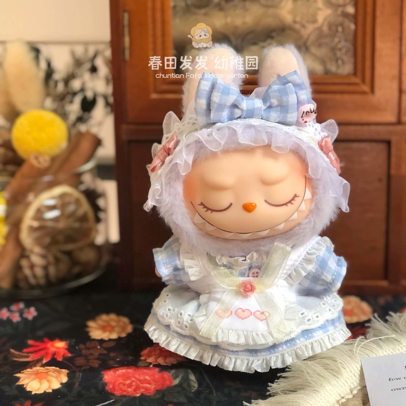 10cmぬい服】ブルーチェックドレスコーデ 着せ替えぬいぐるみ