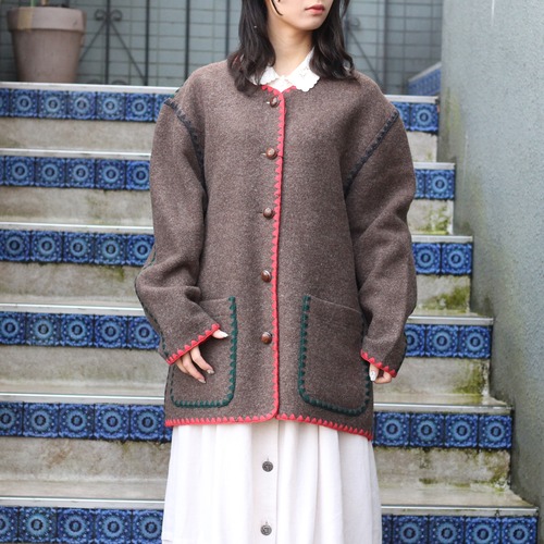 EU VINTAGE Sylvia PIPING DESIGN TYROLEAN WOOL JACKET MADE IN AUSTRIA/ヨーロッパ古着パイピングデザインチロリアンウールジャケット