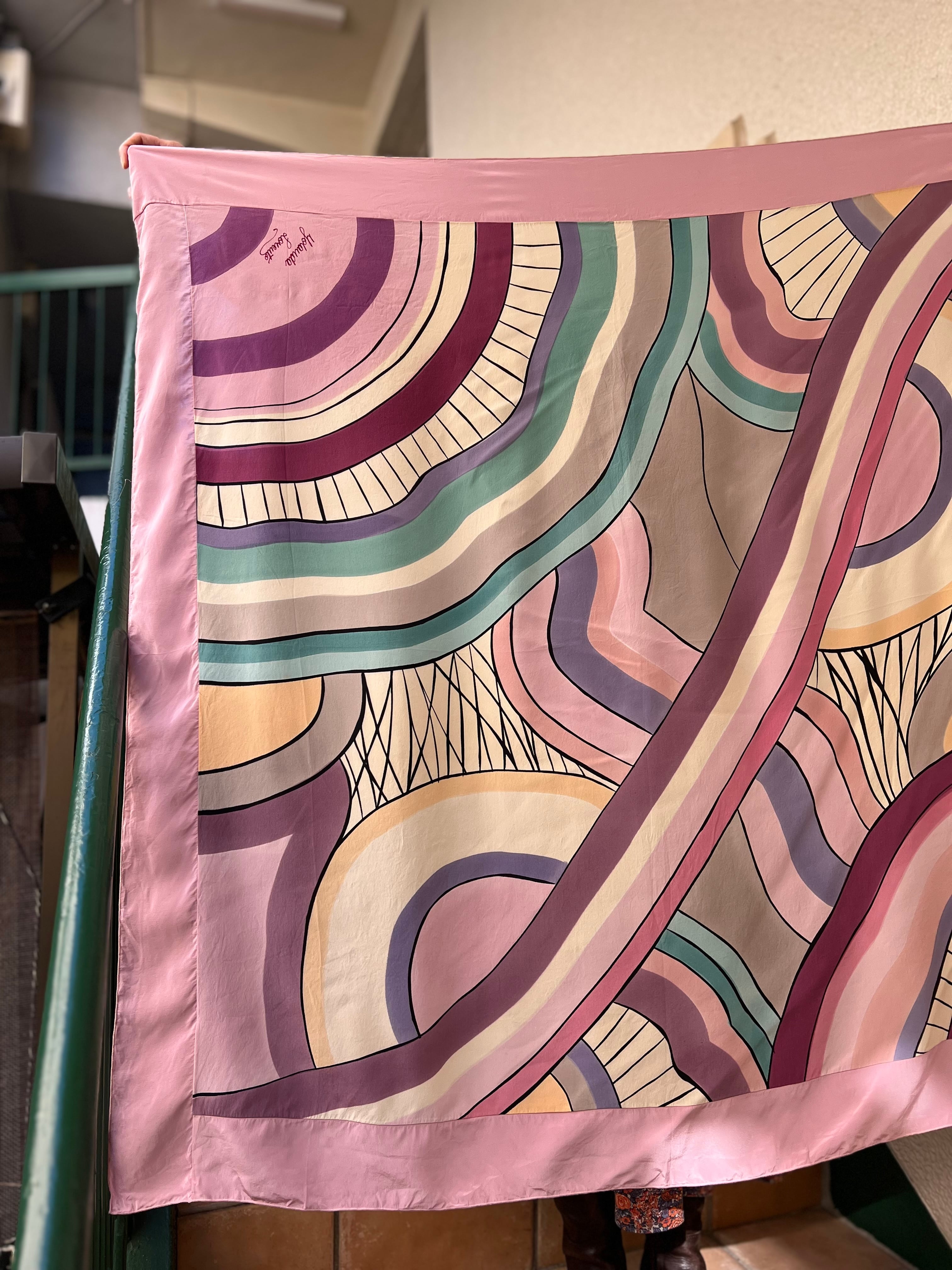 Vintage big size dusty pink × multicolored silk scarf ( ヴィンテージ ダスティーピンク × マルチカラー シルク スカーフ )