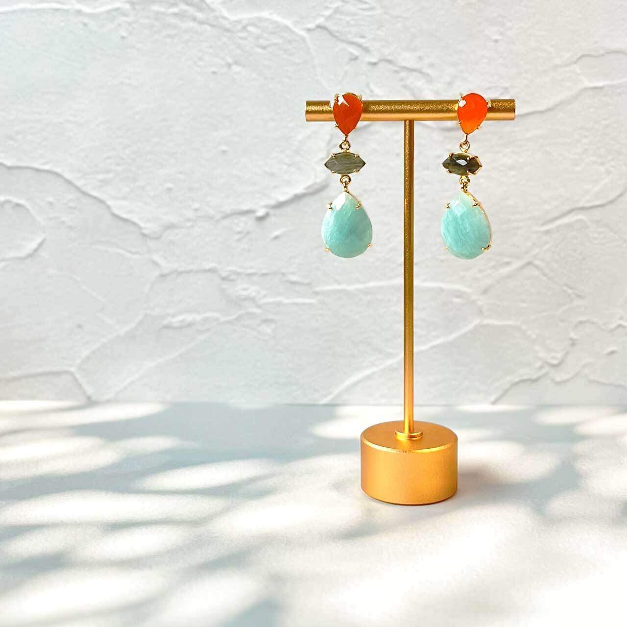 【再々入荷!】トリプルストーンピアス(カーネリアン・ラブラドライト・アマゾナイト)Silver 18KGF