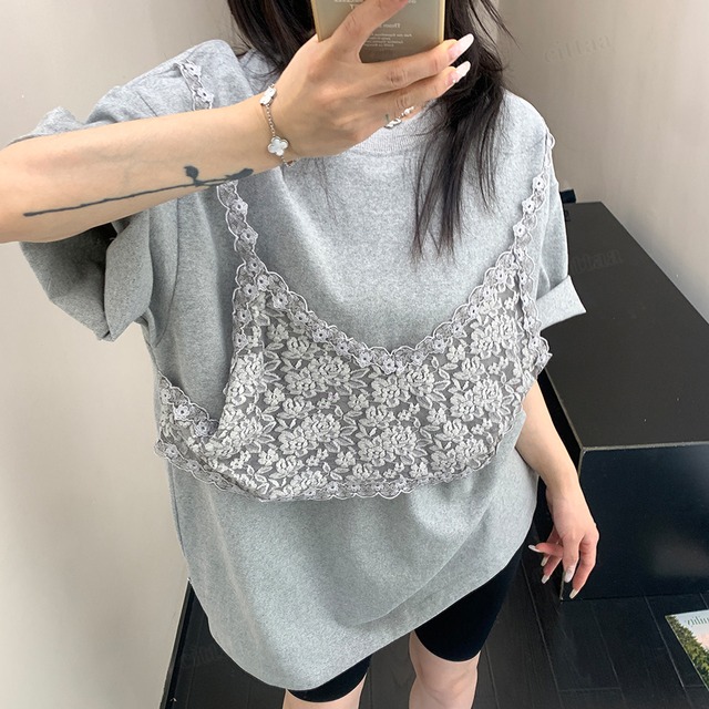 ★予約★D-964　2026春新作♡レースビスチェデザイン半袖Tシャツ　グレー