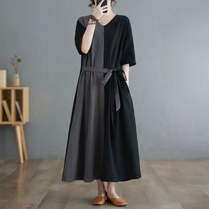ASYMMETRIC CONTRAST V-NECK A-LINE LONG DRESS 1color M-9177