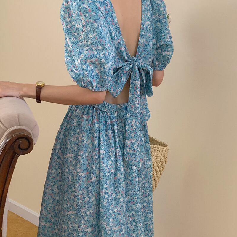 フローラルリボンホルタードレス サマーラウンドネック半袖スリーブハイウェストウェスト ショート ハーフスリーブ 夏物 花柄 Oネック ビッグFスモールZ韓国72469967007