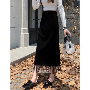 フリンジ ベルベット スリット スカート 10311