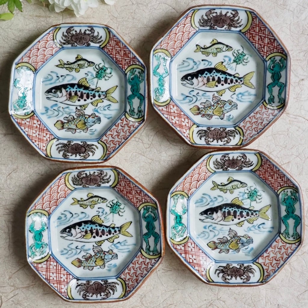 松浦コータロー/色絵 川魚文 八角リム小皿