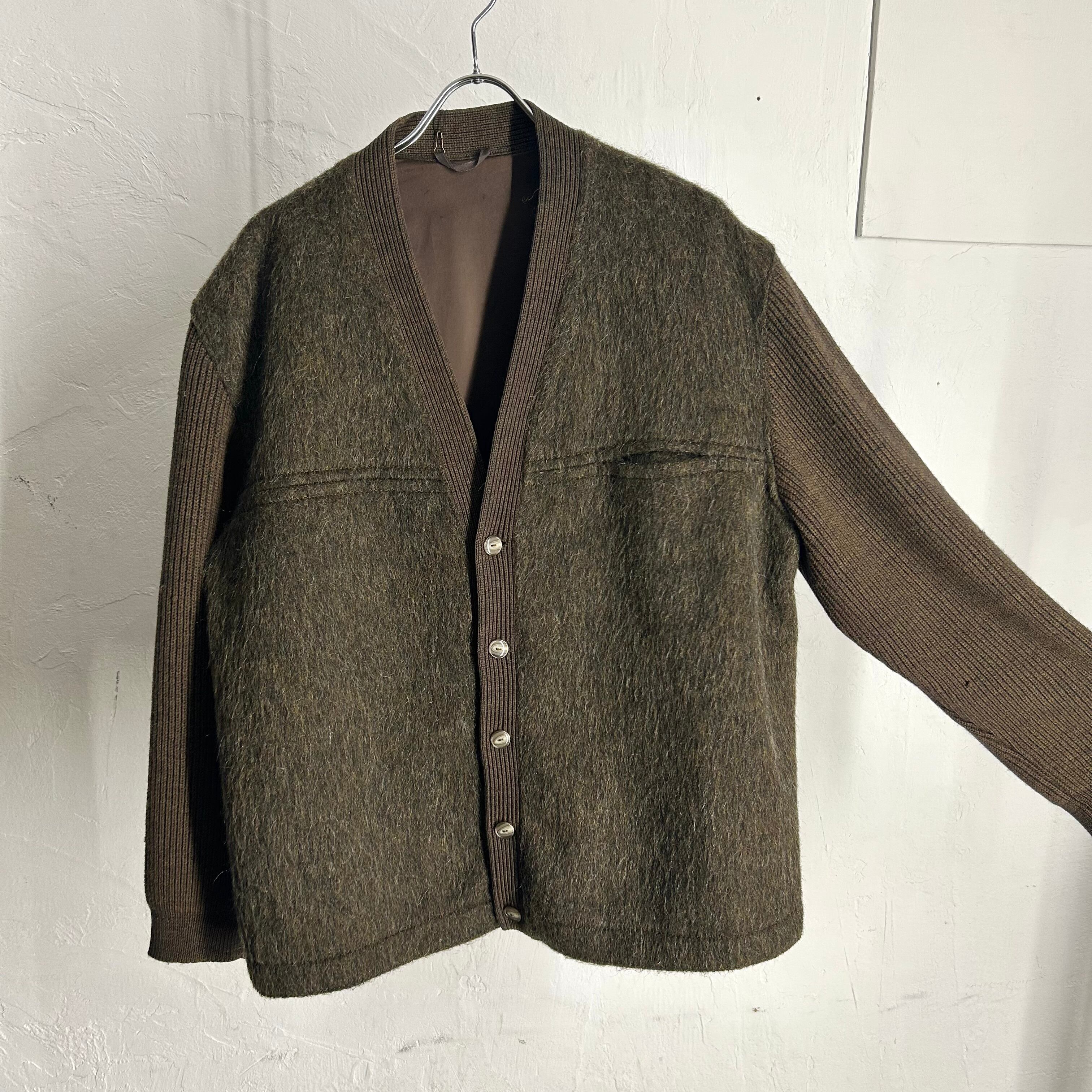 60s~70s marz Switching Design Cardigan Shaggy Wool×Wool Knit