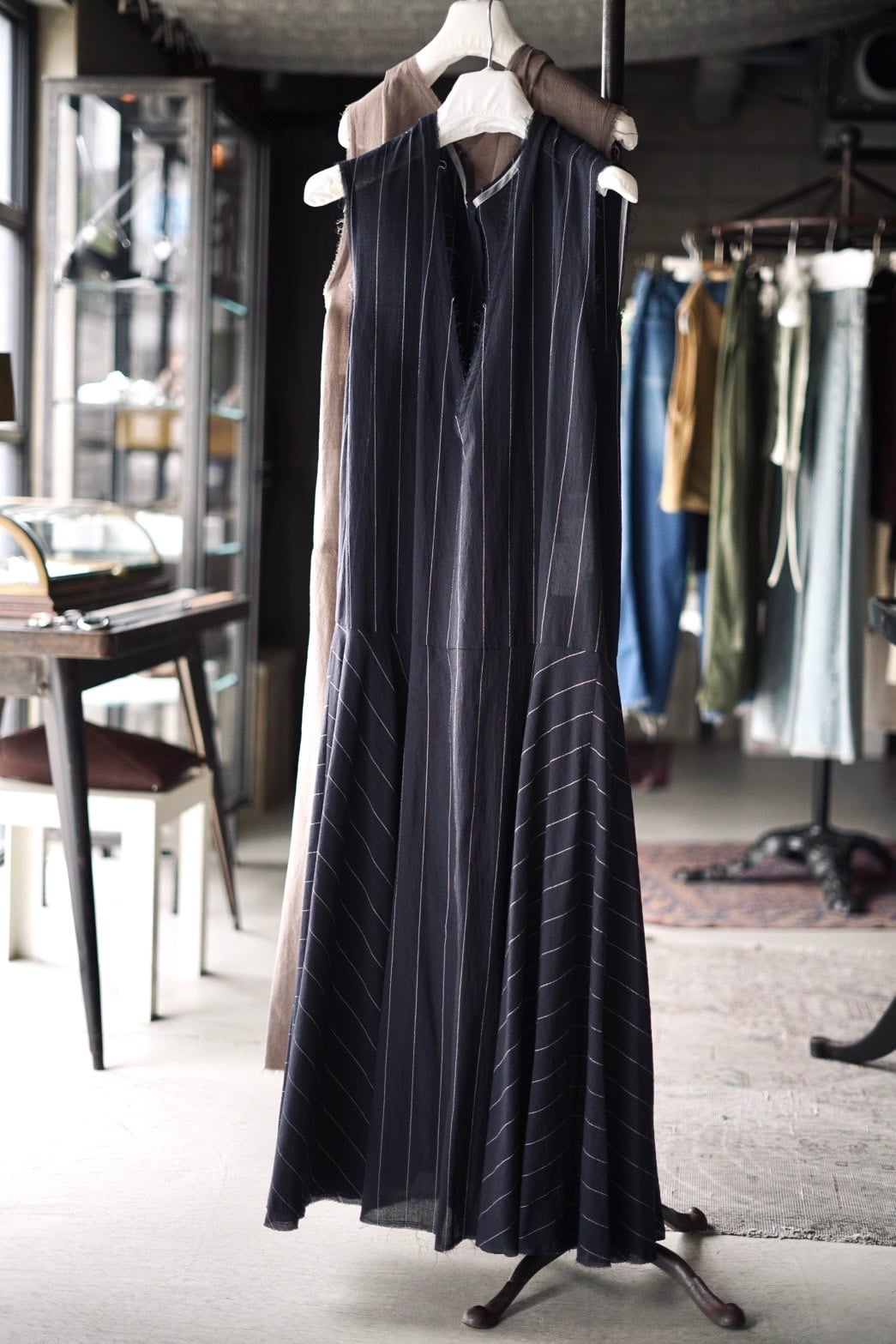 jonnlynx / sleeveless long dress ( glen check , navy stripe