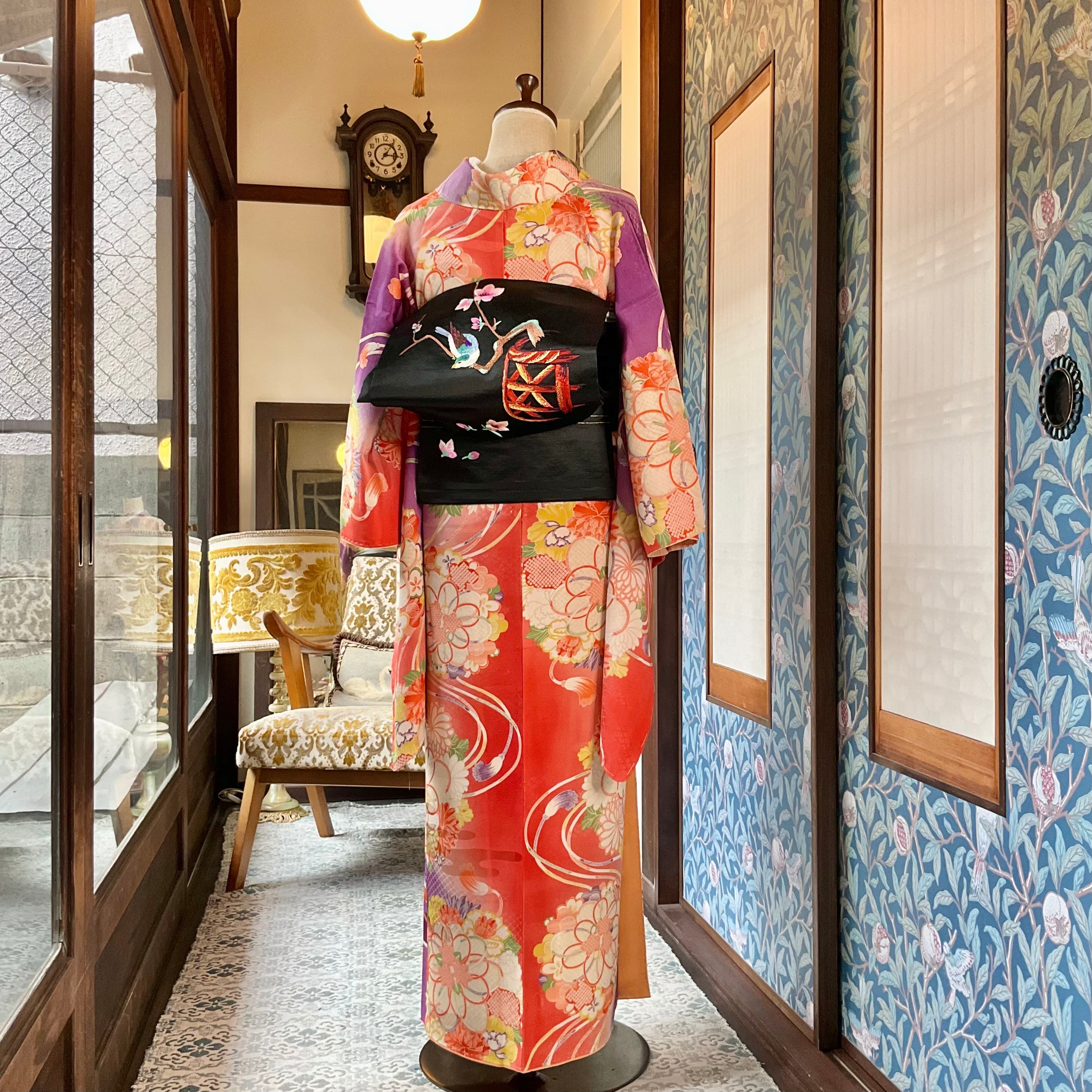 桃の花とさえずり＊小鳥 刺繍 黒繻子 アンティーク名古屋帯 B410