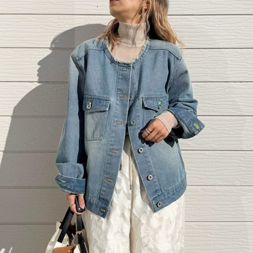 ノーカラーデニムブルゾン