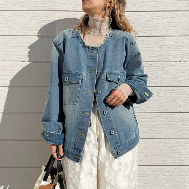 ノーカラーデニムブルゾン