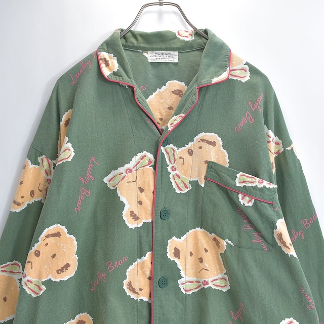 90s AMERICAN CLUB HOUSE アメリカンクラブハウス パジャマシャツ 開襟 パイピング テディベア 総柄 ジャパンヴィンテージ レトロ フェードグリーン USED ヴィンテージ ビンテージ 古着 メンズ XL相当