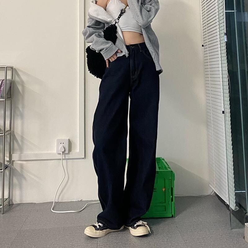 【新作】【送料無料】 黒ハイウエストジーンズレディースストレートレッグルーズ2021新しいスリムシガレットパンツ大きいサイズファットMMワイドレッグフロアレングスパンツ 0311600126474