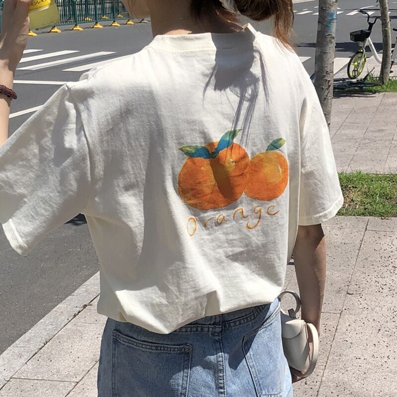 サマーオレンジプリントルーズラウンドネックカジュアルTシャツ レディース 夏物 Oネック 試着室6709128636