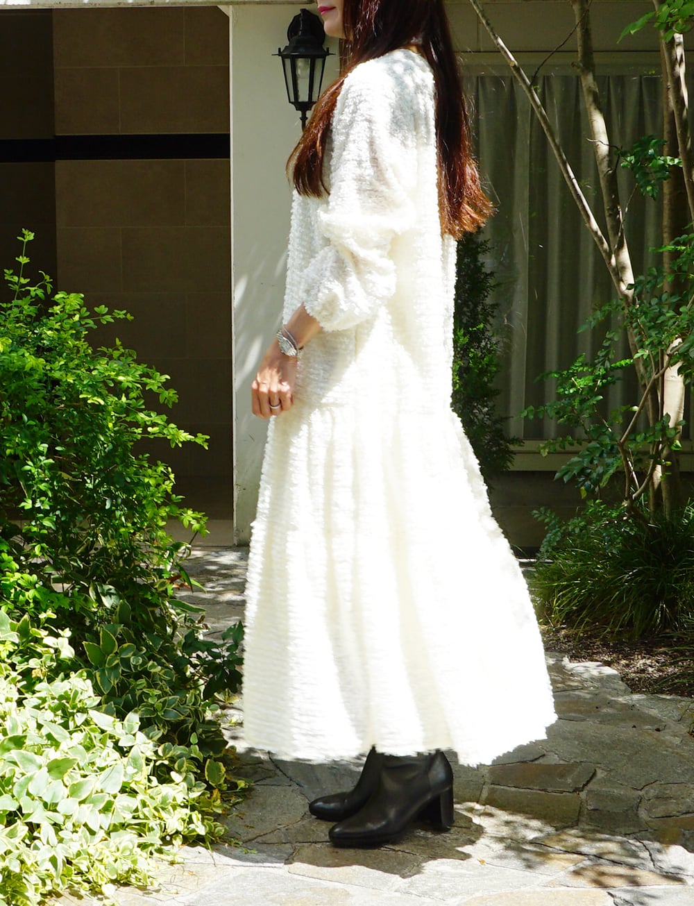 フリンジジャガードティアードワンピース ivory | amin pur