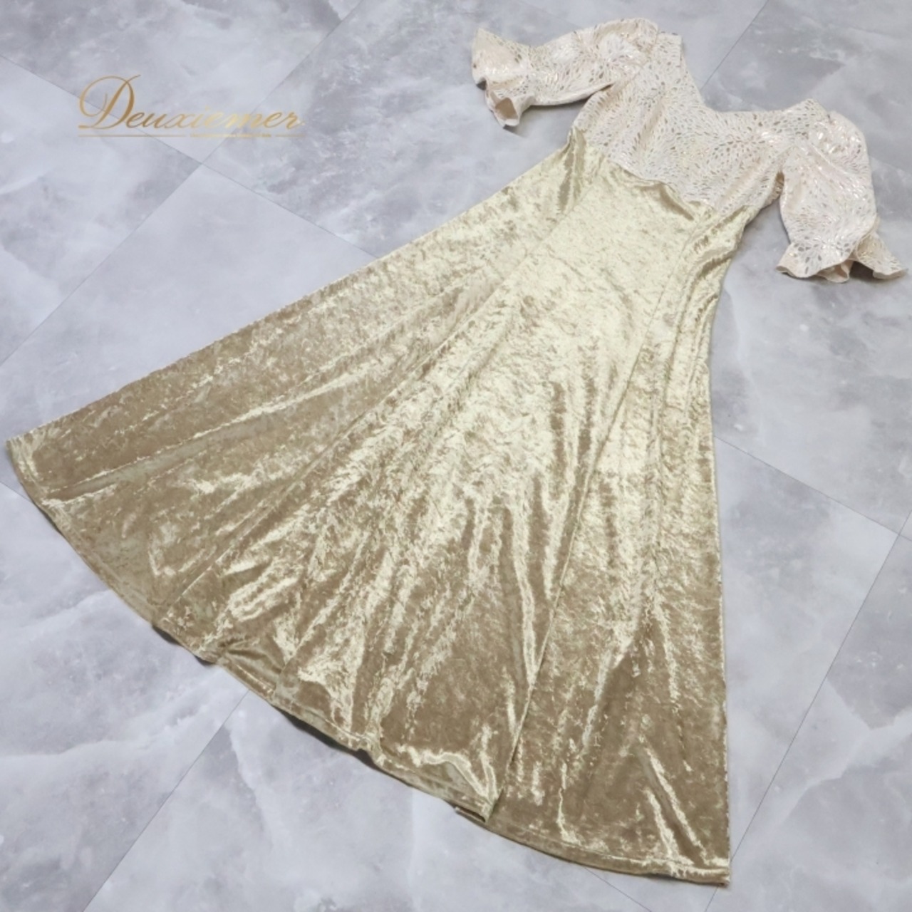 フラダンス 衣装 ワンピース ドレス マーメイドライン エムエムジェイ ゴールド系 MermaidLine MMJ 日本製 ベロア 長袖 異素材 上品 高級感 光沢 豪華 きれい かわいい ハワイアン アロハ ハワイアンプリント フラ ダンス レッスン 練習