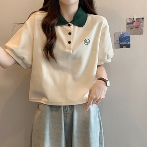 ショート丈 ロゴ 刺繍 半袖 ポロシャツ レディース トップス カットソー プルオーバー ショート 半袖 パフスリーブ 襟付き 角襟 リブ ボタン バイカラー 配色 かわいい 大人可愛い シンプル カジュアル おしゃれ こなれ感 ルーズ ロゴ 春 夏 秋 ママ 通勤 学生 学校 通学 デート お出かけ 旅行 公園 女子会 休日 ショッピング カフェ 重ね着 体型カバー 普段使い 着回し レイヤード S M L XL ゆったり オフホワイト 緑 グリーン