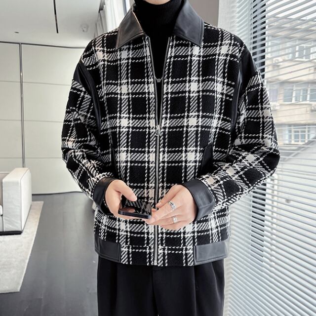 予約販売】ジャケット アウター ツイード ブラック チェック柄 レザー