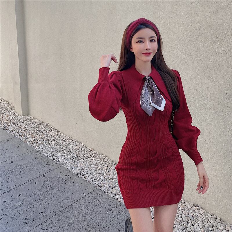 ニットセーター ドレス スカート レディースオータムウィンタースタイルショートスタンダードウェスト長袖スリーブ ロング レトロ 秋物 冬物 ブラックストロベリース34061234934