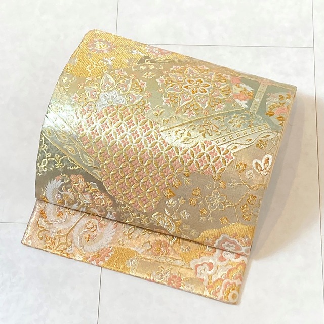 唐織り 宝相華 唐花 鳳凰 袋帯 正絹 金銀糸 ゴールド ピンク 黄緑 518 