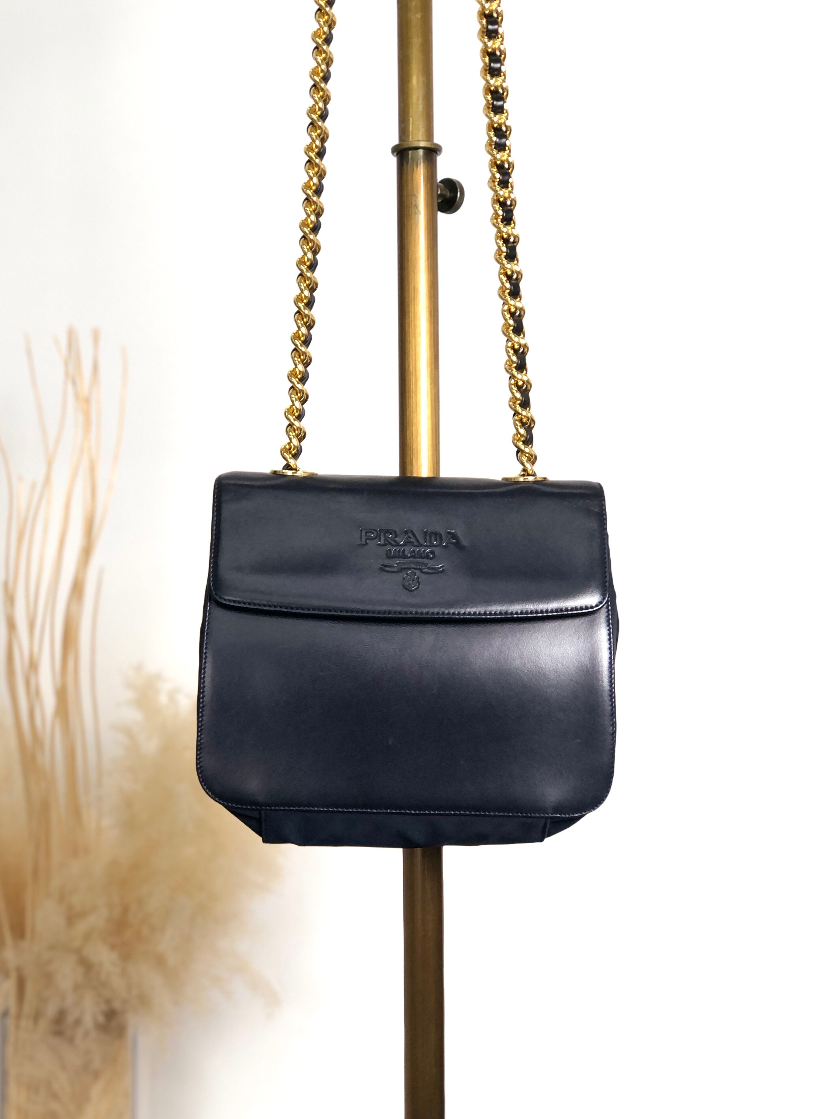 PRADA プラダ ショルダーバッグ ブラック ロゴ レザー ナイロン コンビ チェーン vintage ヴィンテージ オールド 8snhrv