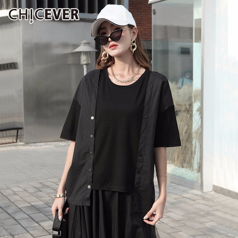 CHICEVERパッチワークTシャツレディースOネック半袖ルーズアシンメトリーヒットカラーサマーシャツ2020 ショート ハーフスリーブ 夏物 6base519542648566